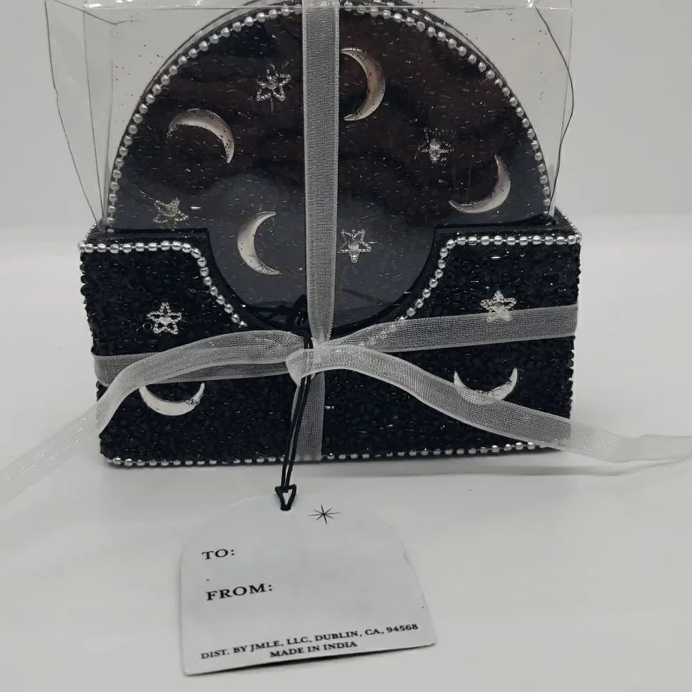 Moon and stars beaded coaster set with holder